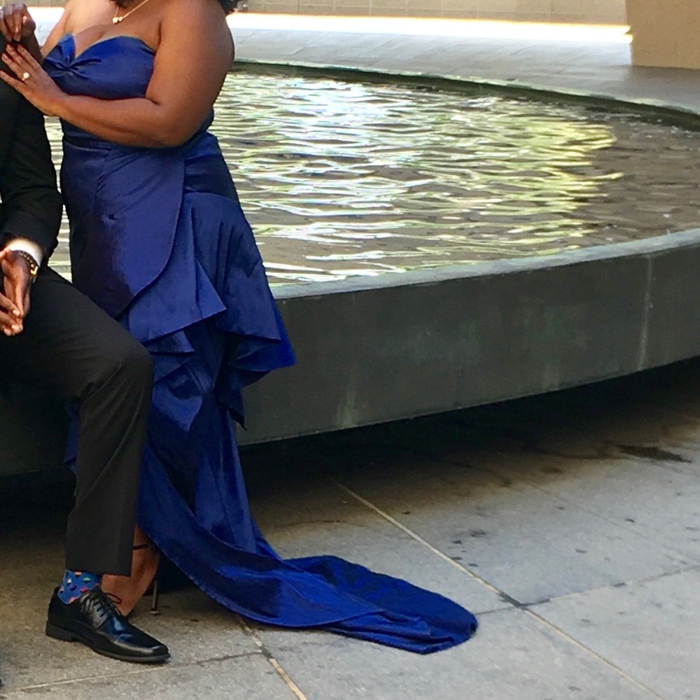 Custom blue satin wrap dress